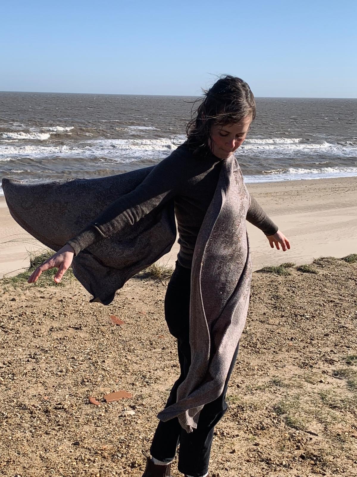 Wrapped in a paisley pashmina on the Norfolk coast