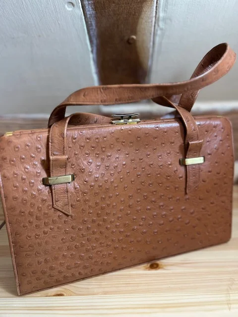 Vintage tan ostrich printed leather traditional frame handbag view 2