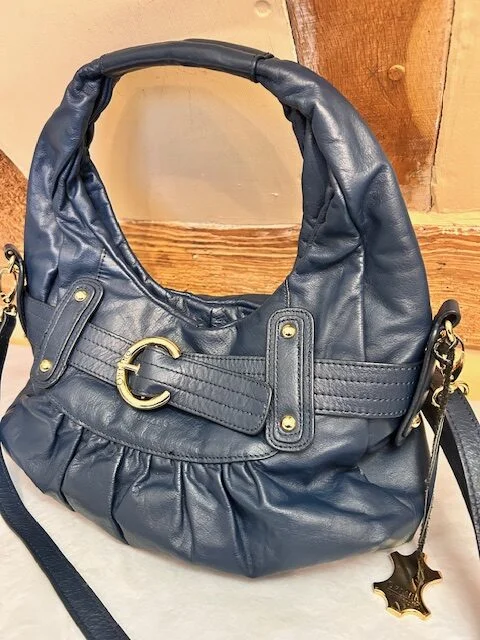 ORIANO French navy blue leather slouch hobo shoulder bag view 2