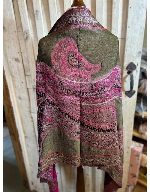 Traditional Indian paisley pink & khaki Zari shimmer pashmina view 4