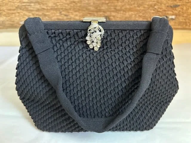 Sweet little vintage SALISBURYS black chiffon diamonte catch evening bag