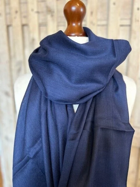 True navy blue fine lightweight merino wool & silk pashmina by Pashmina Love view 2
