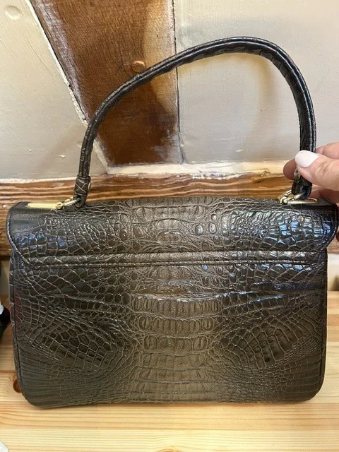 Beautiful vintage brown croc effect leather top handle handbag view 3
