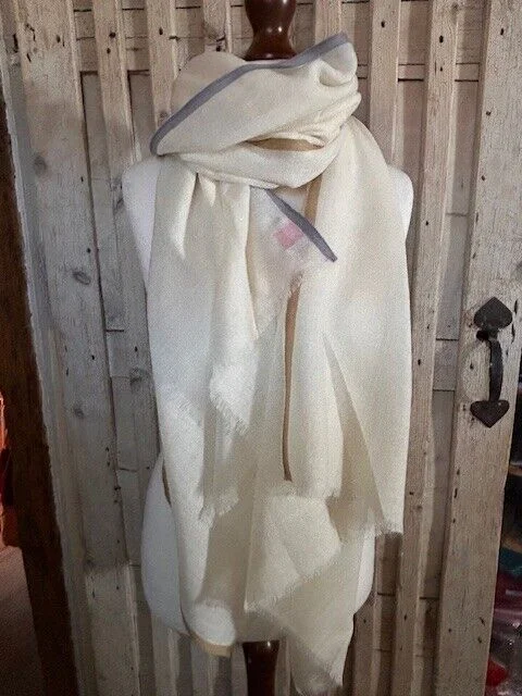 Lightweight ivory grey biscuit stripe wool & silk pashmina by Pashmina Love