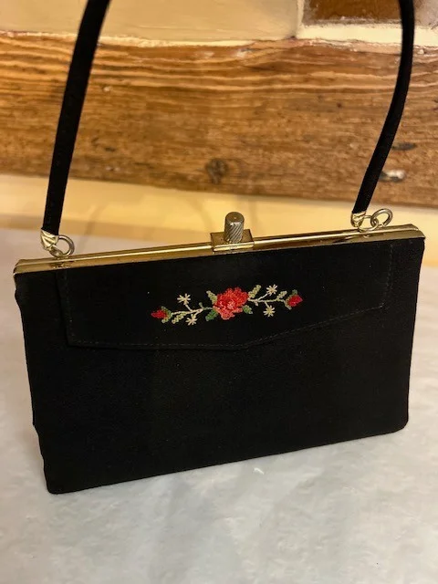 CLOTHFAIR true vintage black fabric floral embroidered occasion handbag