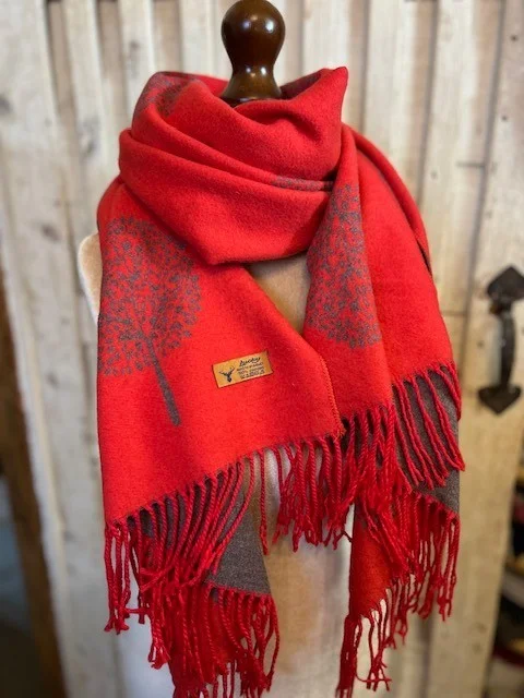 LUCKY red grey reversible tree pattern knit pashmina scarf shawl view 2