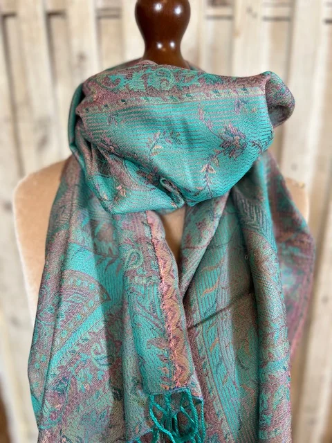 Teal paisley pure silk Jamawar pashmina shawl by Pashmina Love