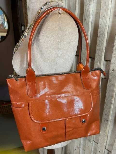 TEXIER burnt orange oilcloth/coated nylon top handle tote shopper shoulder bag