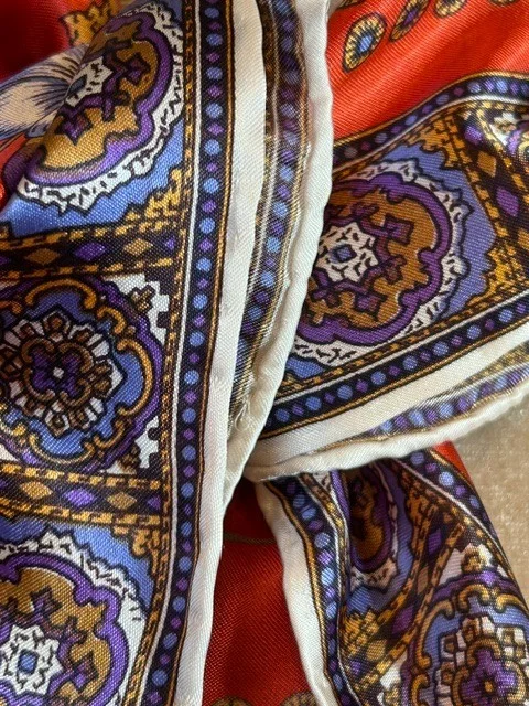 Vintage red multi floral print pure silk hand rolled edges square scarf view 4