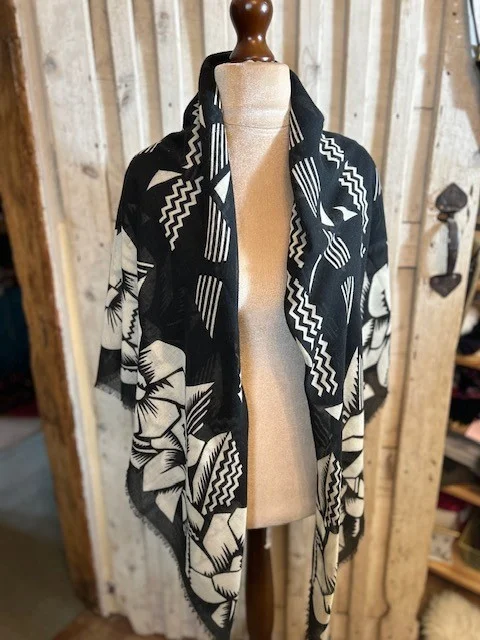 XL Black beige print square fringe edged scarf shawl view 5