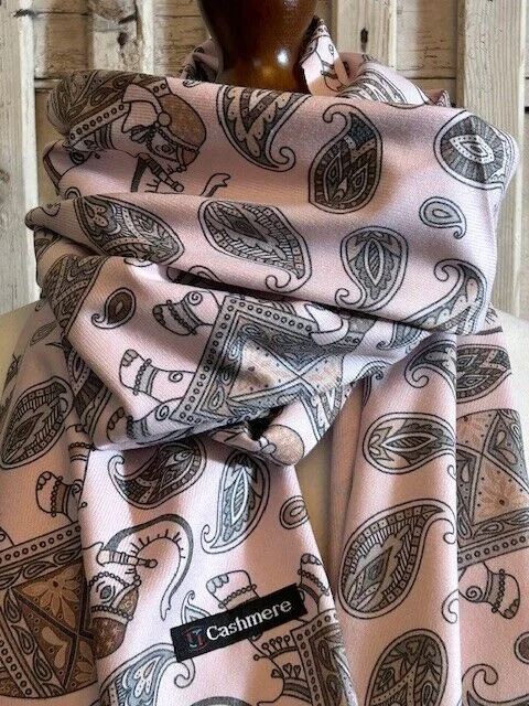Pale pink pure fine wool Indian elephant print tassel pashmina by Pashmina Love