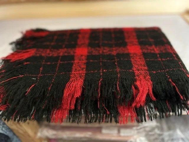 Beautifully soft black red plaid check loose knit fringe edge scarf shawl view 4