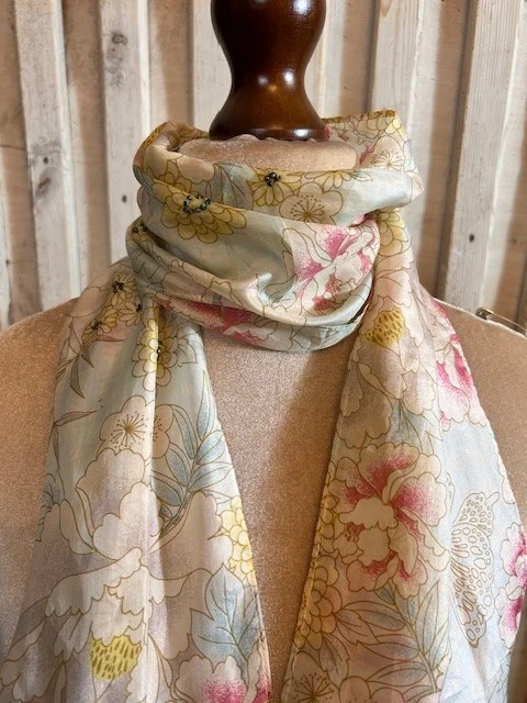 Oriental floral pure silk scarf with bead details view 3