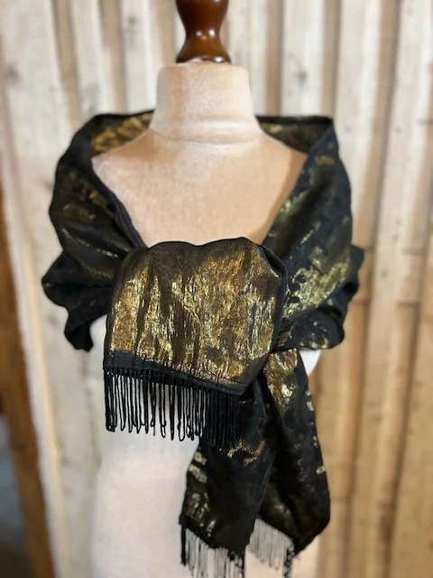 Black gold silky satin evening scarf wrap with black devore flowers & tassels view 2