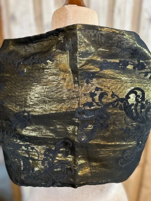 Black gold silky satin evening scarf wrap with black devore flowers & tassels view 6