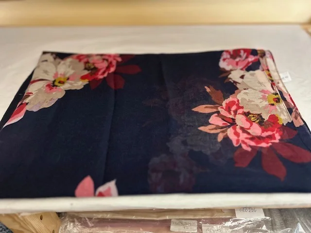 Lge JOULES navy blue floral print pashmina scarf. view 4
