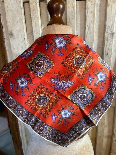 Vintage red multi floral print pure silk hand rolled edges square scarf