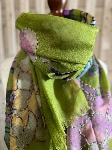 Green digital print embroidered lightweight fine wool pashmina by Pashmina Love.