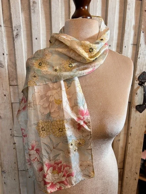Oriental floral pure silk scarf with bead details view 2