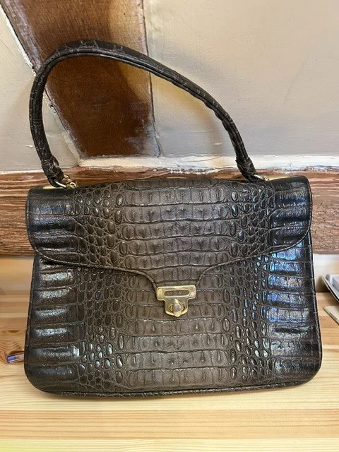Beautiful vintage brown croc effect leather top handle handbag