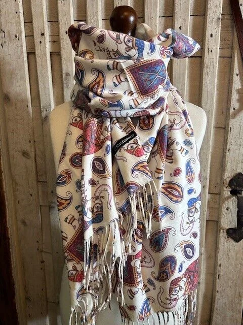 Ivory multi fine wool Indian elephant print tassel pashmina by Pashmina Love view 2