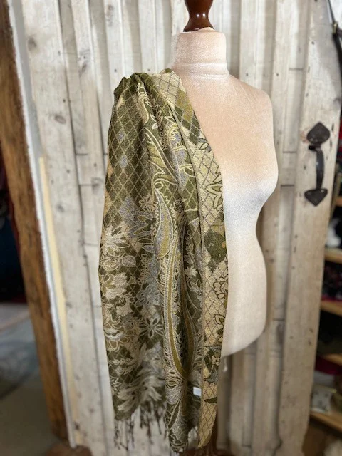 Olive khaki floral check reversible pashmina scarf with gold shimmer thread view 3