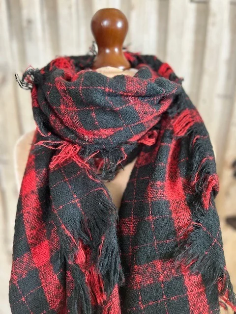 Beautifully soft black red plaid check loose knit fringe edge scarf shawl view 2