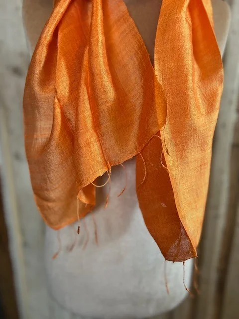 Tangerine orange pure slub silk tassel end muffler scarf view 4