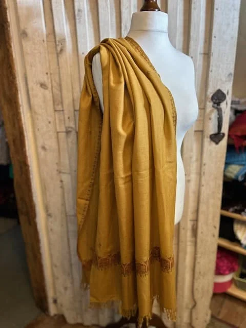 Lovely amber lightweight embroidered wool pashmina shawl view 2