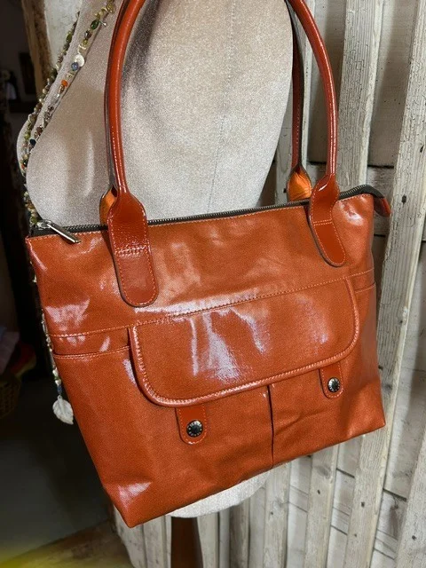 TEXIER burnt orange oilcloth/coated nylon top handle tote shopper shoulder bag view 9