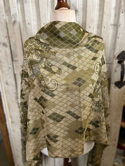 Olive khaki floral check reversible pashmina scarf with gold shimmer thread view 4