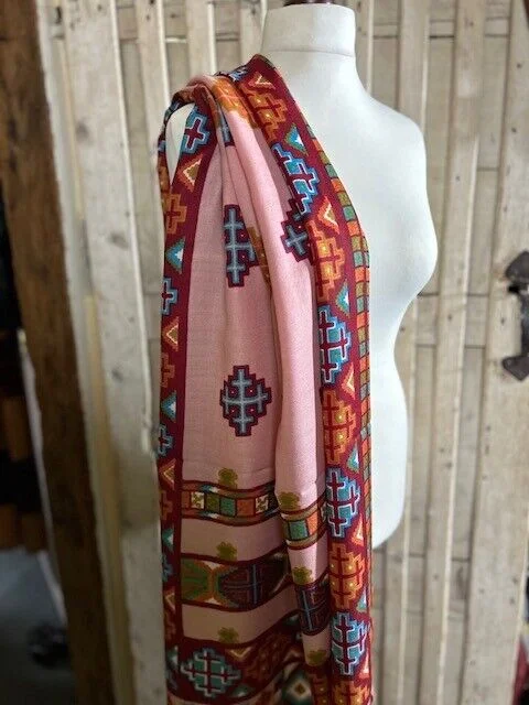 Pink multi pure wool Kullu print Aztec design pashmina by Pashmina Love. view 4