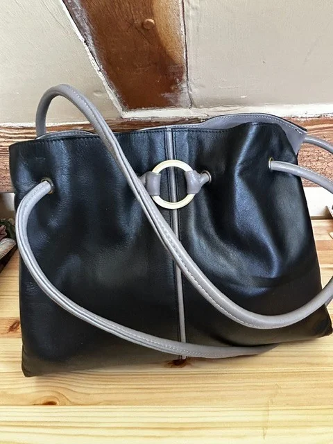 GIGI black & grey buttery soft leather two strap shoulder bag view 5