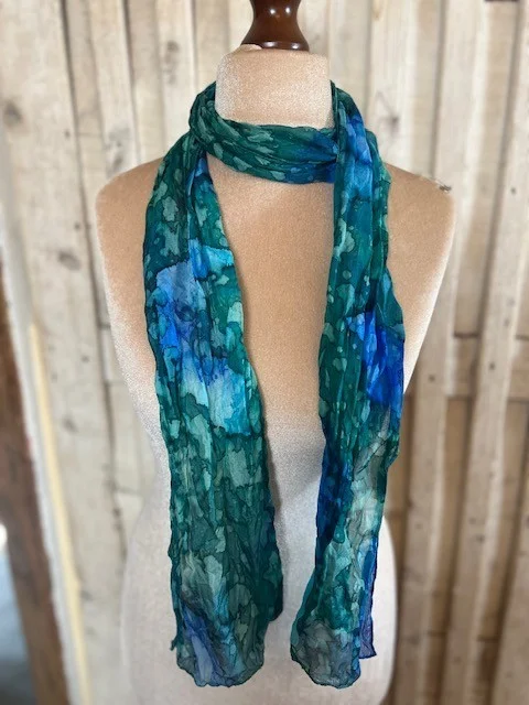 Blue & Green tie dye pure silk crinkle skinny muffler scarf view 2