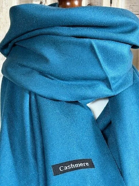 Fine quality wool teal pashmina with tassels by Pashmina Love. view 2