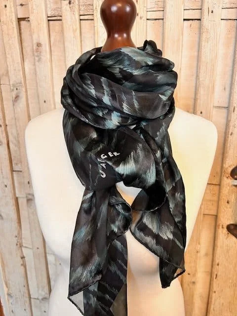 Vintage JAEGER dark teal & black sheer stripe pure silk scarf shawl view 2