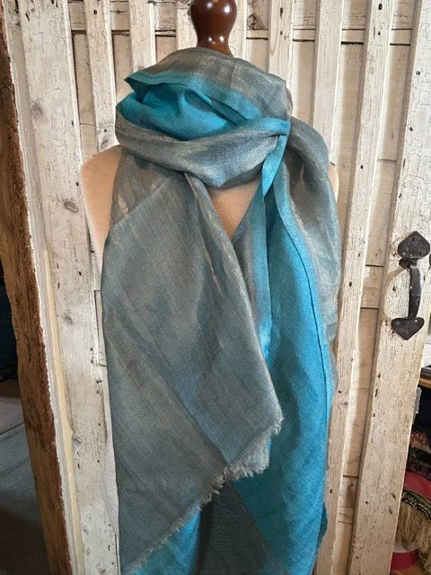 Teal blue wool & silk traditional Zari shimmer pashmina shawl by Pashmina Love view 4