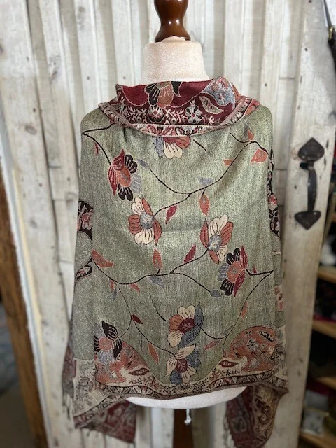 Gorgeous rust tones floral reversible pashmina scarf with gold shimmer thread view 4
