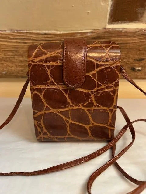 Fun little vintage chestnut leather boxy across body shoulder bag
