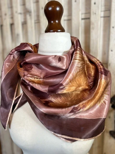 Vintage satin browns beige & golds floral hand finished square scarf accessory view 2