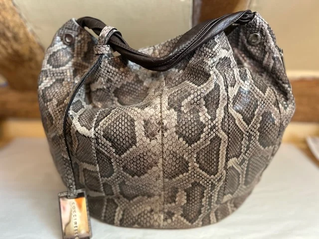 Lge COCCINELLE brown snakeskin leather slouch sac bucket hobo shoulder bag