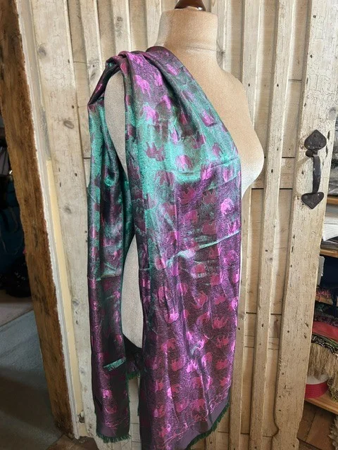 Pure Indian silk green & pink elephant print scarf view 2
