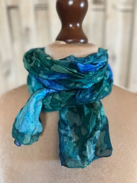 Blue & Green tie dye pure silk crinkle skinny muffler scarf view 4