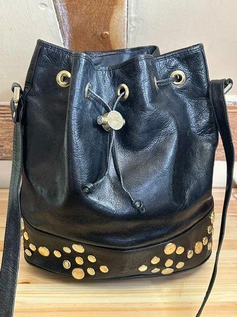 RUSSELL & BROMLEY black studded leather bucket slouch duffle xb shoulder bag