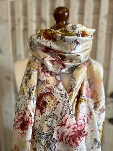 Pretty neutrals floral print pure fine silk pashmina Pashmina Love