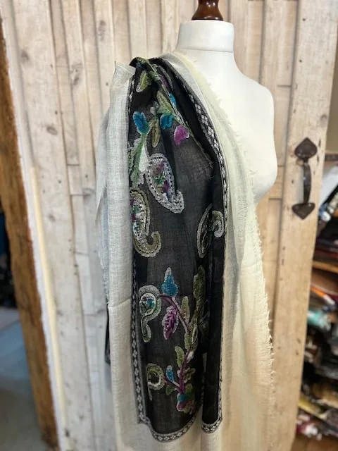 Black paisley fine wool handprinted embroidered 4 fringe pashmina by Pashmina Love view 5