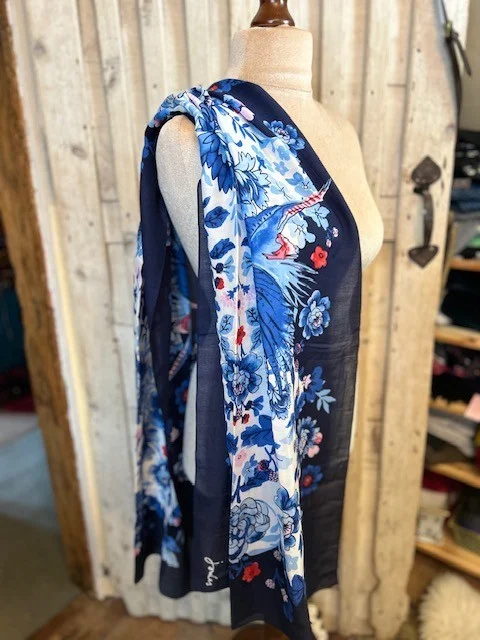 JOULES navy blue floral print pashmina scarf. view 2
