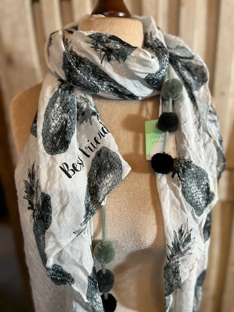 LISA ANGEL 'best friend' pineapple print scarf with pompoms BNWT