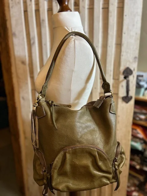Large BLONDIE MANIA olive khaki rustic leather slouch sac boho hobo shoulder bag view 2