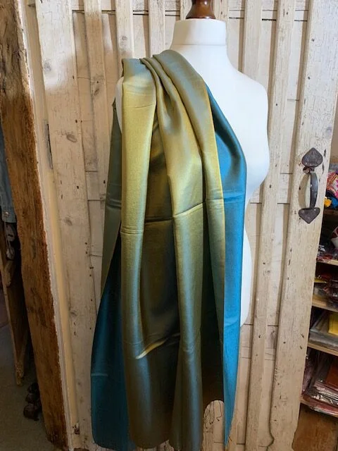 Pure silk turquoise lime reversible pashmina shawl by Pashmina Love view 2